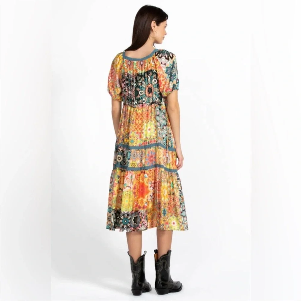 Johnny Was Kaleida Zenovia Silk Patchwork Midi Dress Size L Boho Tiered - Picture 7 of 14